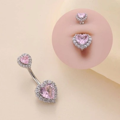 1 pieza de joyería de piercing de ombligo con forma de corazón de zirconia rosa, blanca y azul, de acero inoxidable de grado médico