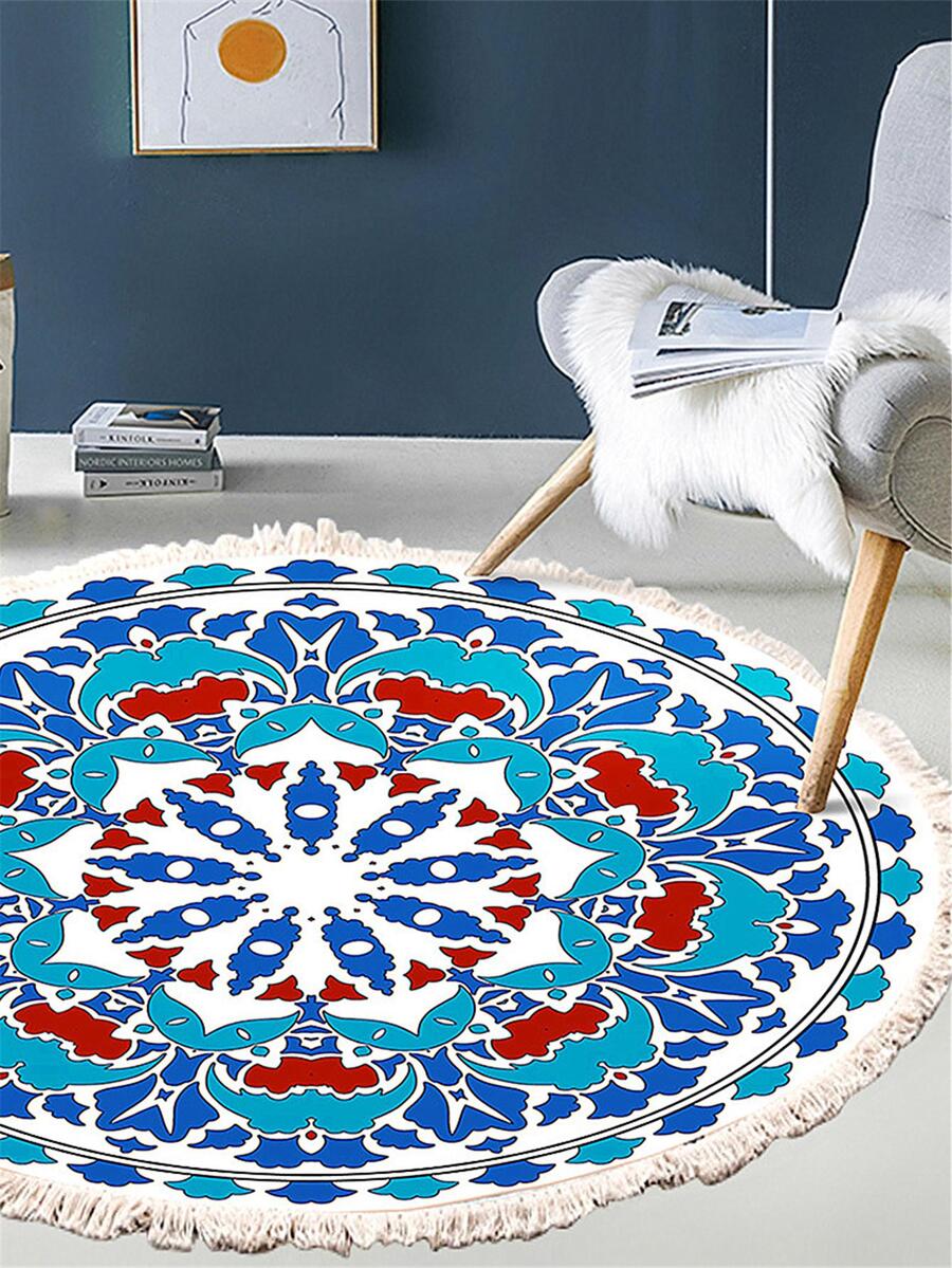 1pc Mandala Pattern Tassel Decor Rug - Blue - View 1
