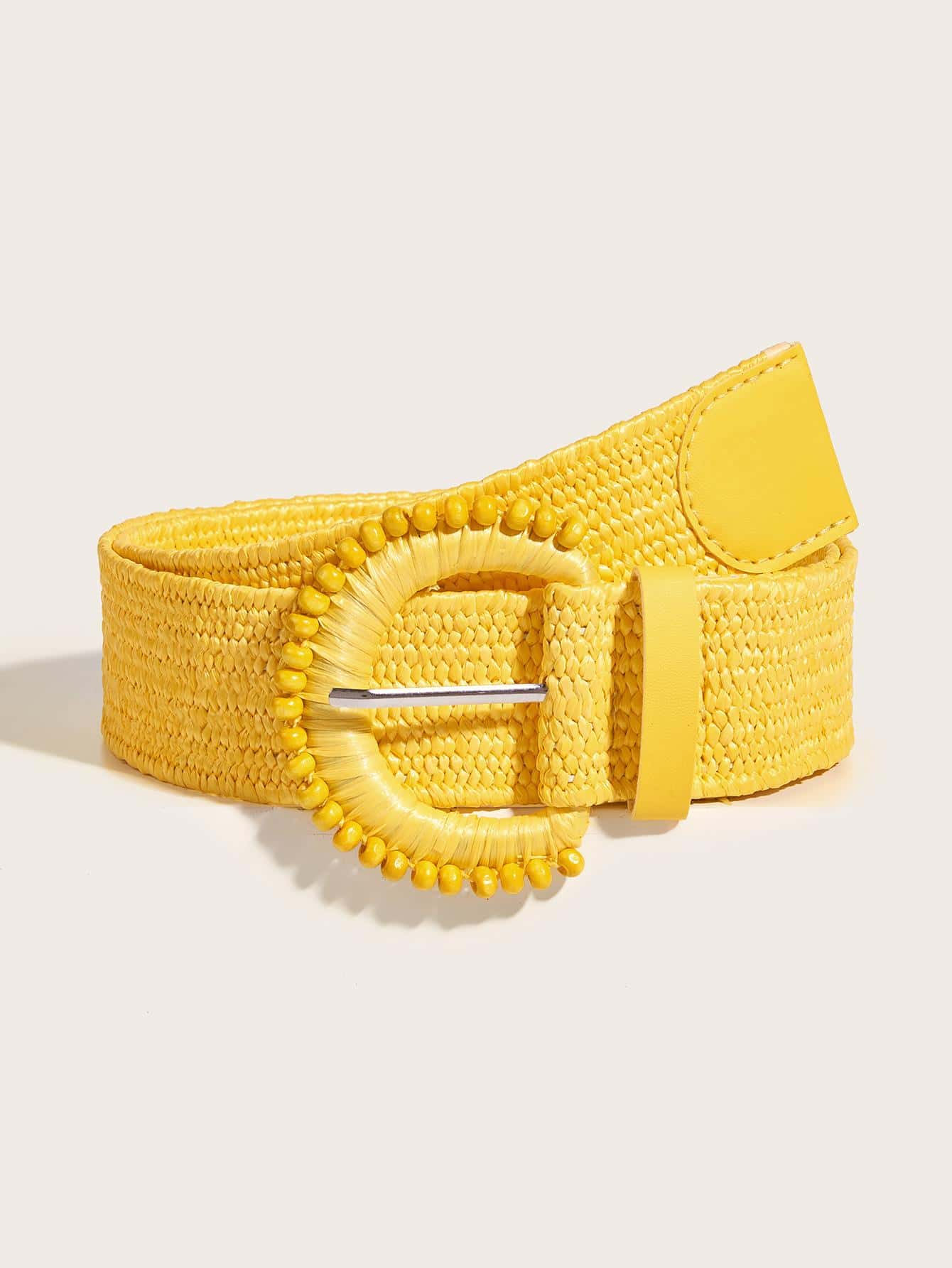Bead Decor Buckle Straw Belt - Yellow - View 1
