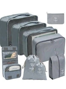 9入組旅行收納袋套裝,大容量可折疊行李衣物分類整理 - 灰色 - 查看 1