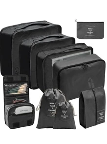 9 Chiếc Túi Đựng Đồ Du Lịch Họa Tiết Chữ Cái Có Thể Gập Lại Với Giày Túi đựng đồ vệ sinh cá nhân và giặt đồ Đồ dùng học tập Trang trí phòng Trang trí phòng ngủ Ký túc xá Cần thiết cho trường học Học sinh Giáo viên Du lịch Cần thiết cho du lịch Ba lô Túi du lịch Vali hành lý Dụng cụ du lịch Trở lại trường Di chuyển túi sắp xếp - màu đen - Xem 1