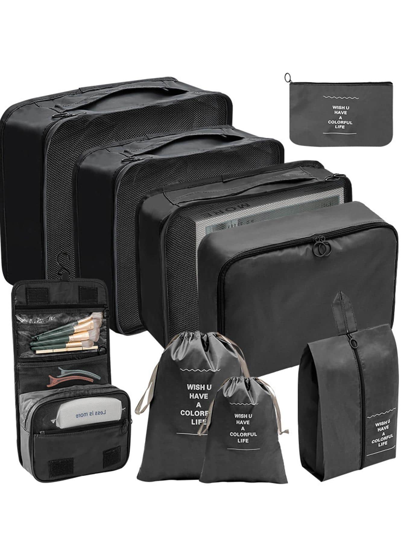 9 Chiếc Túi Đựng Đồ Du Lịch Họa Tiết Chữ Cái Có Thể Gập Lại Với Giày Túi đựng đồ vệ sinh cá nhân và giặt đồ Đồ dùng học tập Trang trí phòng Trang trí phòng ngủ Ký túc xá Cần thiết cho trường học Học sinh Giáo viên Du lịch Cần thiết cho du lịch Ba lô Túi du lịch Vali hành lý Dụng cụ du lịch Trở lại trường Di chuyển túi sắp xếp - màu đen - Xem 1