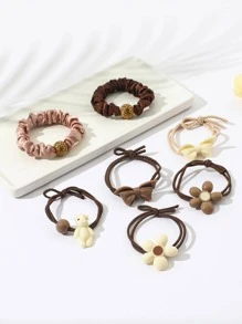 7入組女士花和蝴蝶結裝飾可愛髮圈 - 彩色 - 查看 1