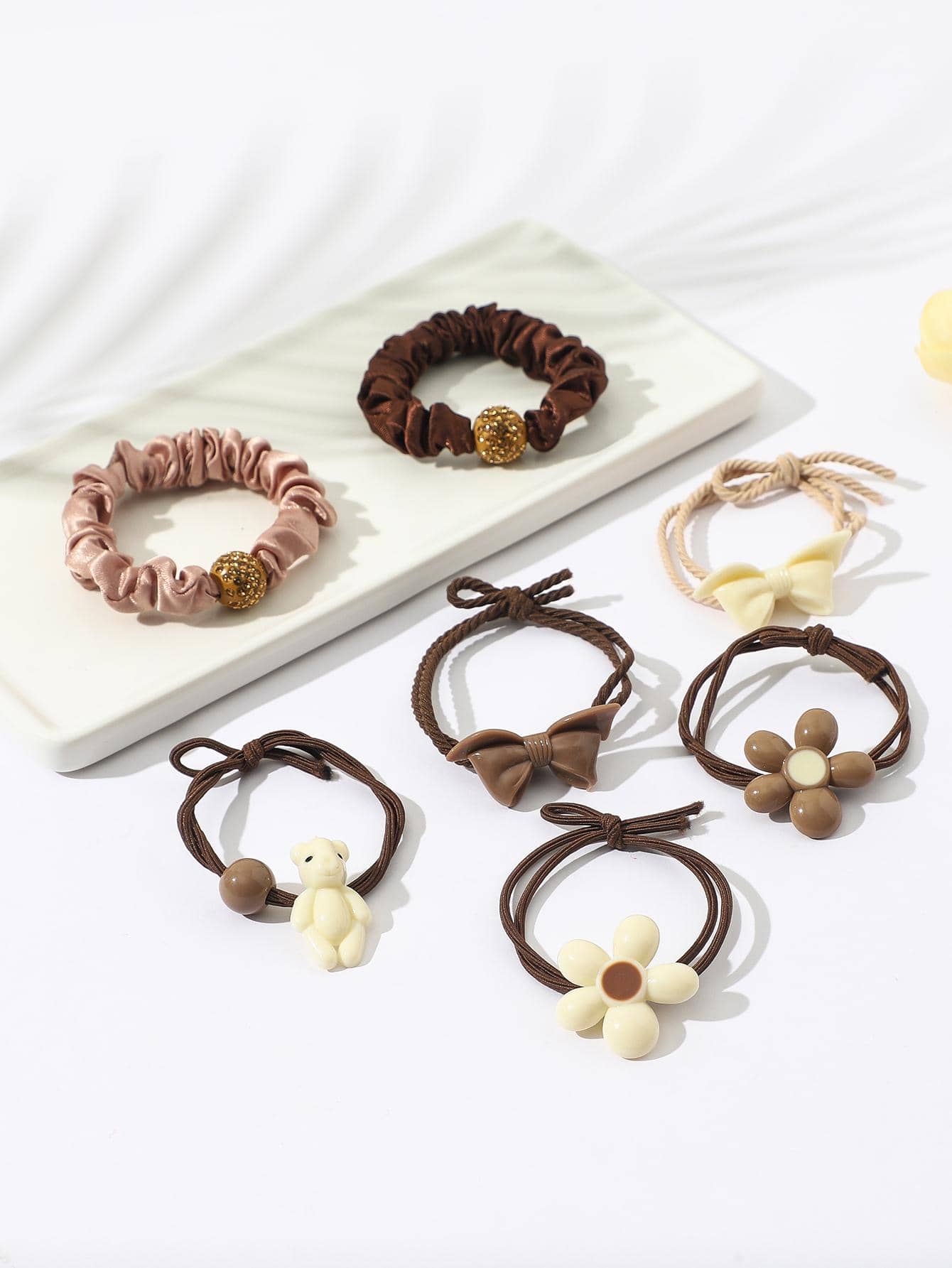 7入組女士花和蝴蝶結裝飾可愛髮圈 - 彩色 - 查看 1
