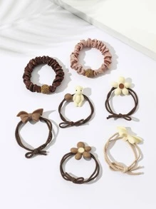 7入組女士花和蝴蝶結裝飾可愛髮圈 - 彩色 - 查看 2