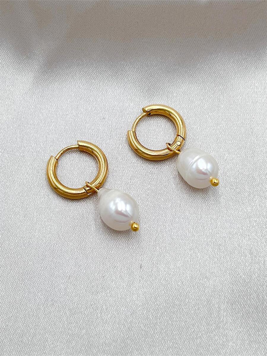 1pair Simple & Fashionable & Delicate Large Size Freshwater Pearl Earrings - Yellow Gold - View 1