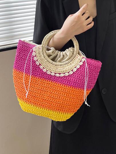 新款月亮形手提包簡約風和時髦海灘草編編織包