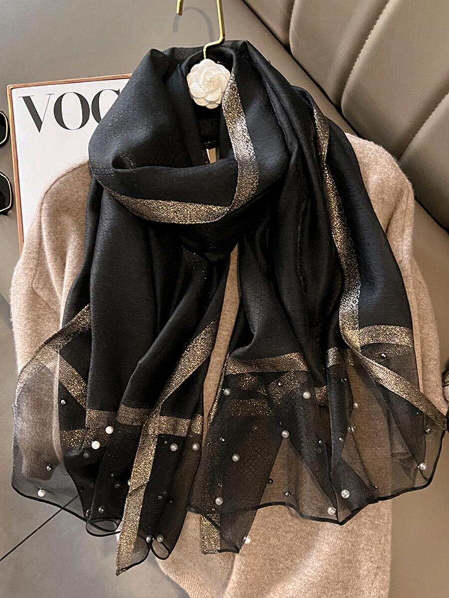 1條女式時尚鉚釘圍巾披肩,配有珠飾領口 - 黑色 - 查看 1