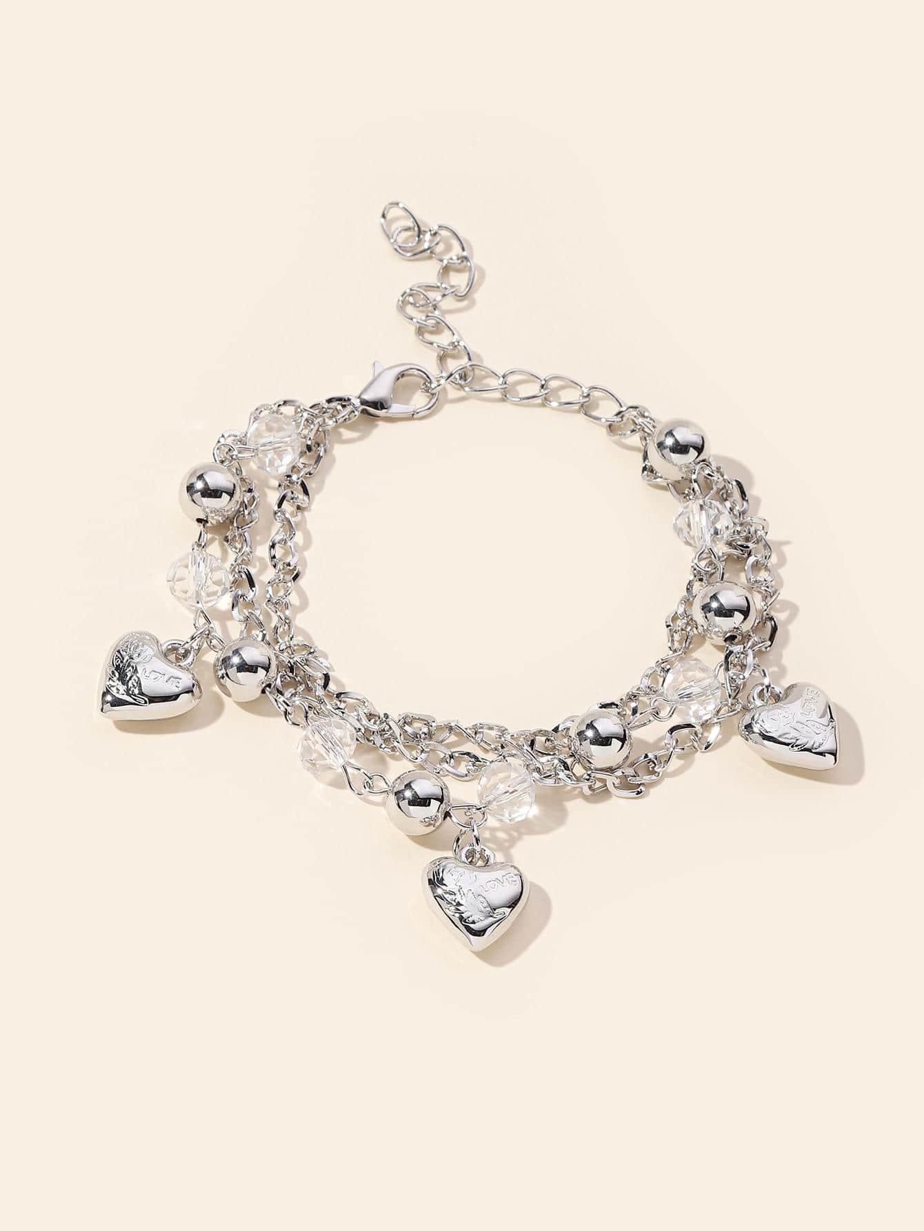 Heart Charm Layered Bracelet - Silver - View 1