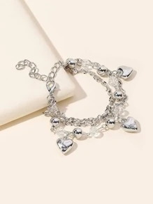 Heart Charm Layered Bracelet - Silver - View 2