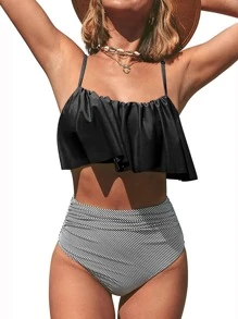 Bộ Bikini Sọc Ruffle Hem Đi Biển Mùa Hè - Đen và trắng - Xem 1