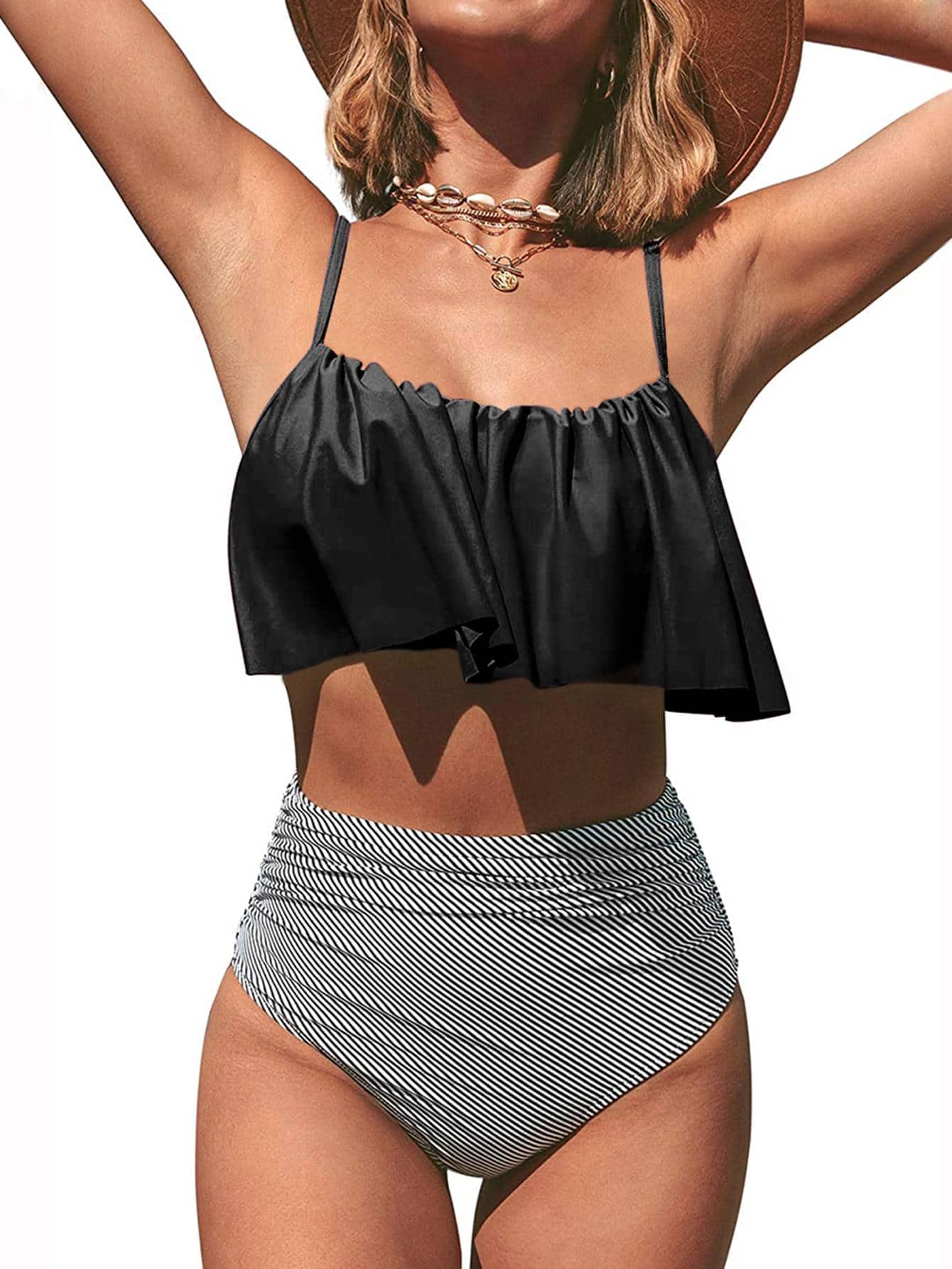 Bộ Bikini Sọc Ruffle Hem Đi Biển Mùa Hè - Đen và trắng - Xem 1