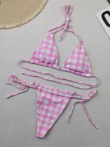 2pcs/Set Polyester Pink Check Print Triangle Bra With Strap And Bikini Set With Shorts Summer Beach - Baby Pink - View 1