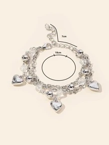 Heart Charm Layered Bracelet - Silver - View 4