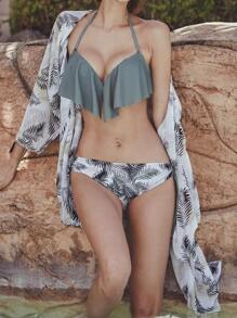 Bañador bikini con estampado tropical ribete con fruncido con kimono - Verde - Ver 1