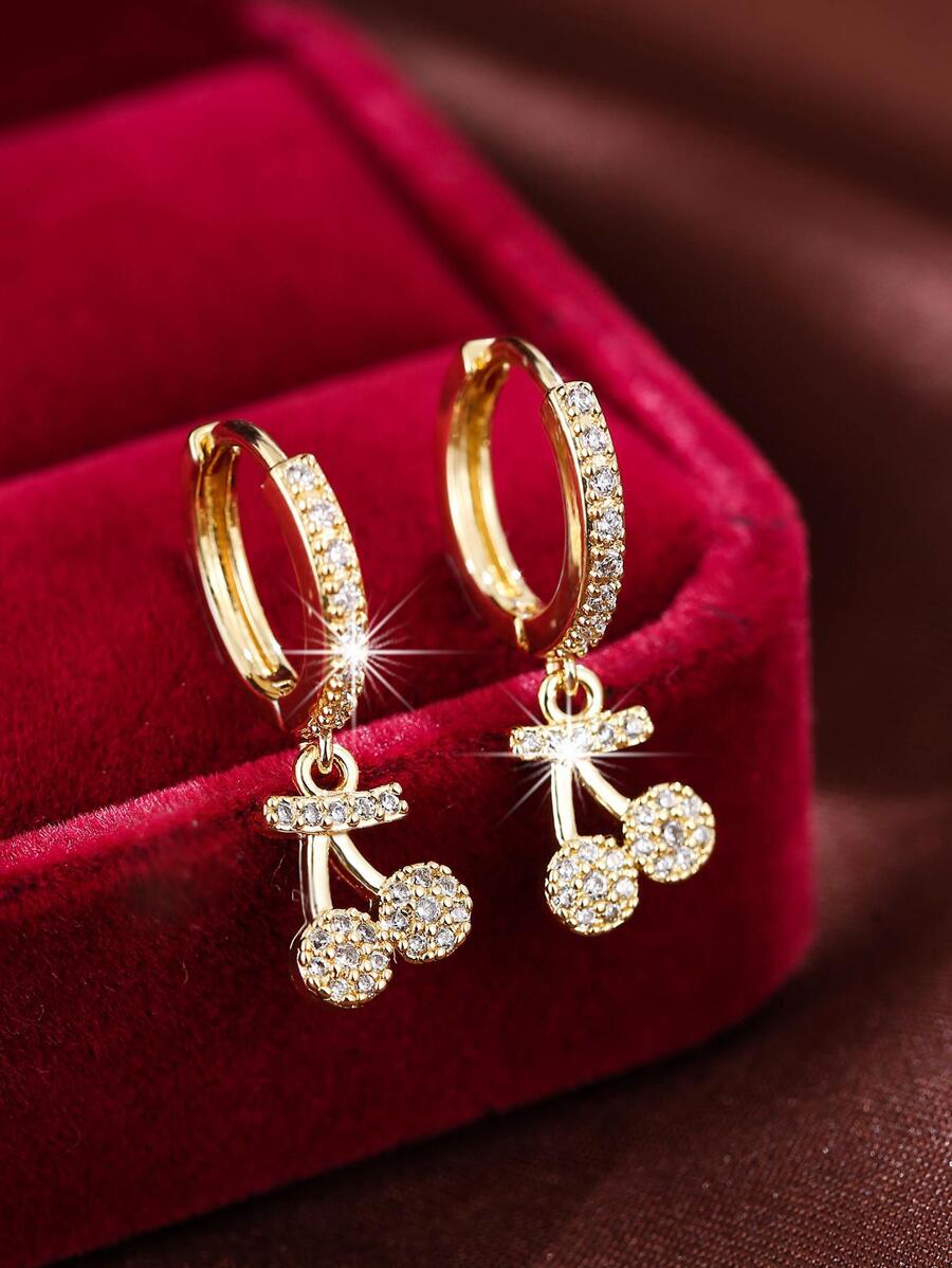 Bông tai hình quả anh đào đính đá Cubic Zirconia - Vàng - Xem 1