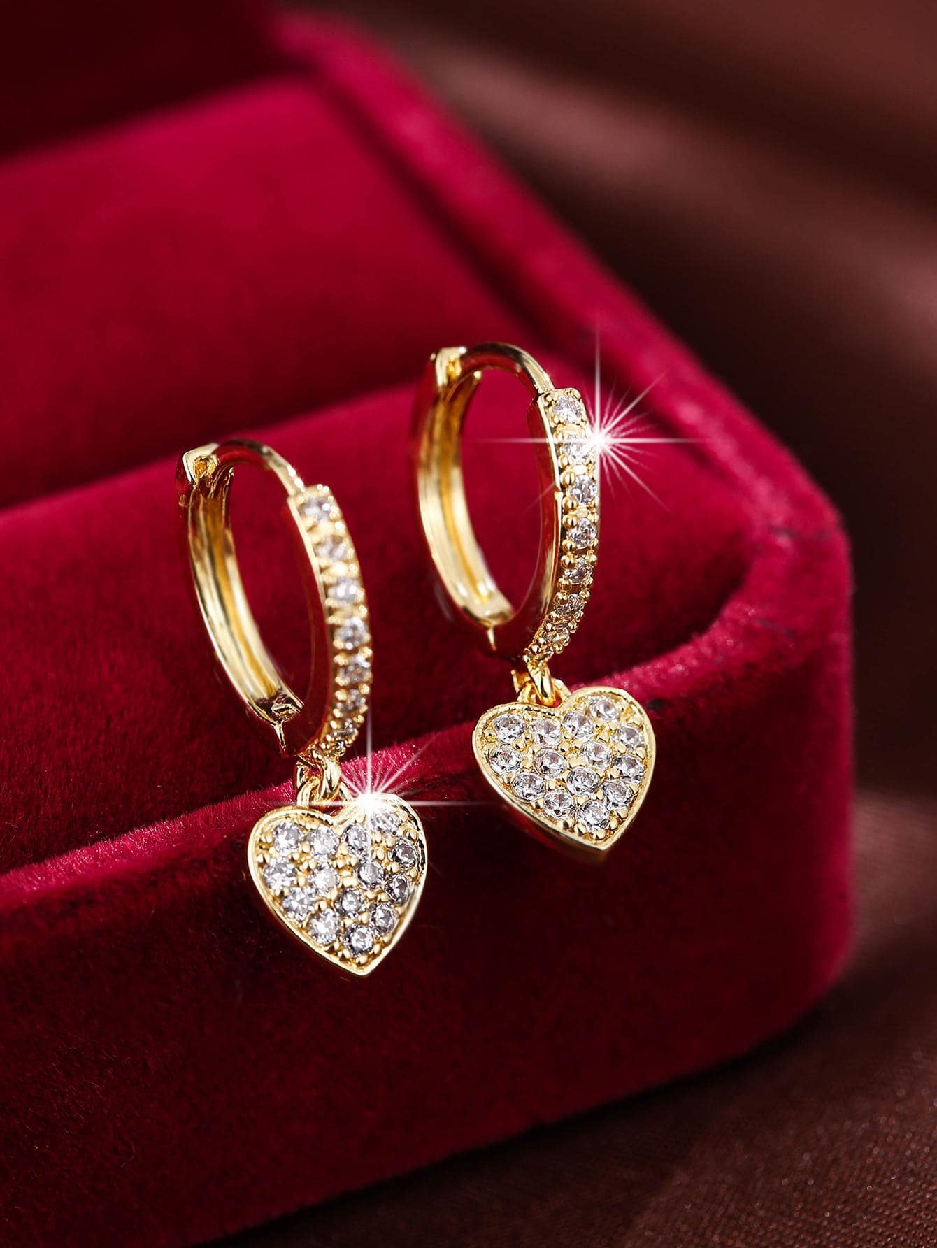 Cubic Zirconia Heart Drop Earrings Valentines - Yellow Gold - View 1