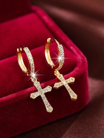 Cubic Zirconia Cross Drop Earrings