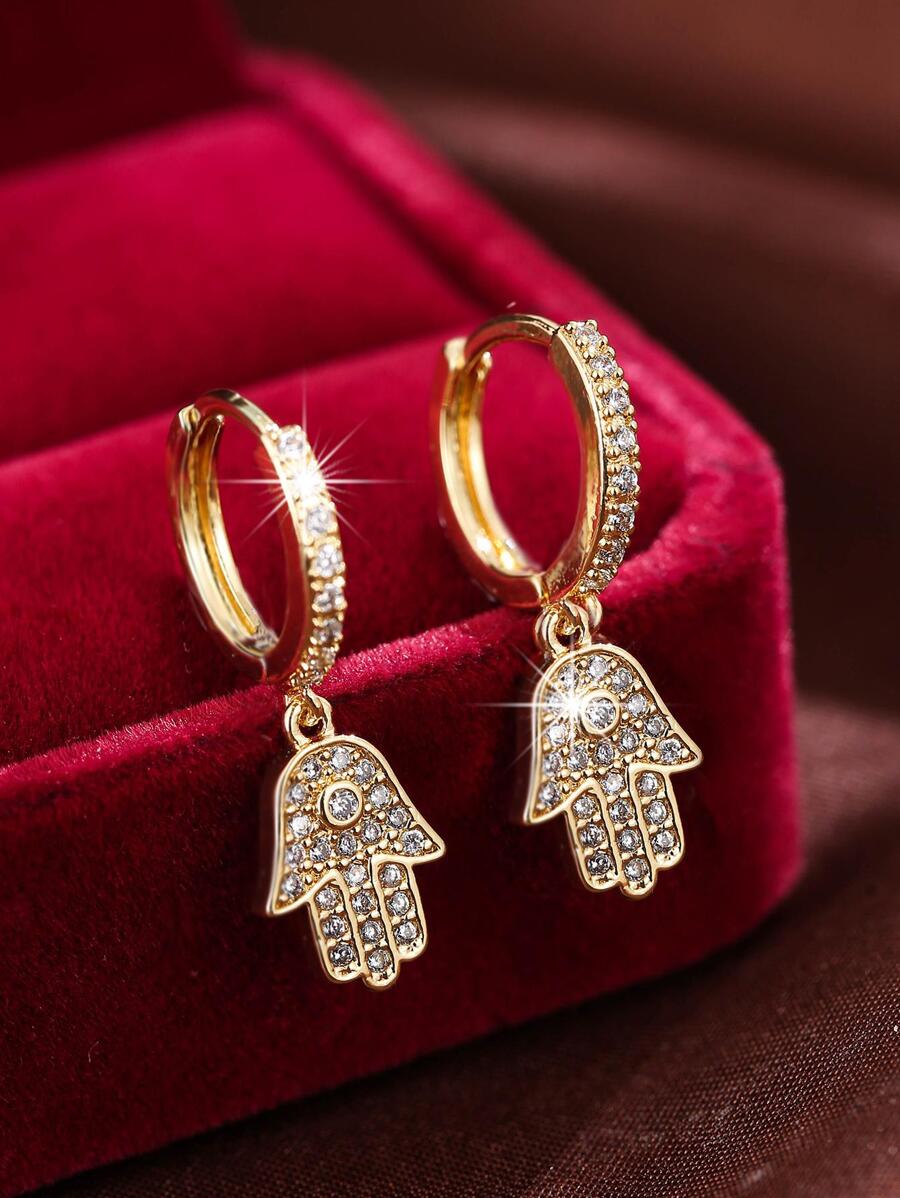Cubic Zirconia Hand Drop Earrings - Yellow Gold - View 1