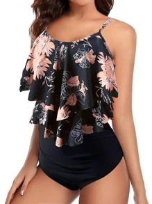 Tankini de verano con estampado floral, dobladillo con volantes y cintura alta - Negro - Ver 1