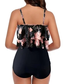 Tankini de verano con estampado floral, dobladillo con volantes y cintura alta - Negro - Ver 2