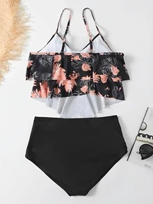 Tankini de verano con estampado floral, dobladillo con volantes y cintura alta - Negro - Ver 4