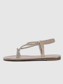 Women Rhinestone Decor Ankle Strap Sandals, Glamorous Summer Metallic Glass Flat Sandals - Champagne - View 2