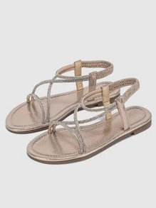 Women Rhinestone Decor Ankle Strap Sandals, Glamorous Summer Metallic Glass Flat Sandals - Champagne - View 3