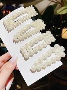 5pcs Faux Pearl Decor Elegant Hairclips For Women (Packaged In Random Paper Card Style),Hair Accessories,Hair Clips,Hair Slide,Hair Barrettes Claw Clips, School Stuff, Pearl Hair Accessories - White - View 2