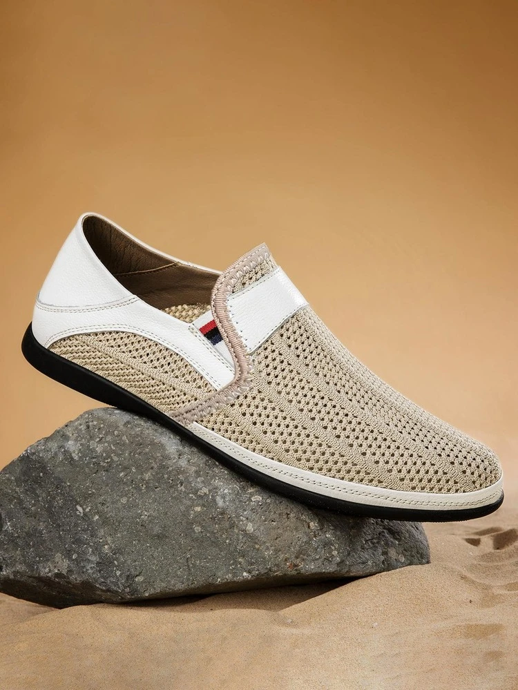 נעלי ספורט לגברים עם דפוס פסים נושם, נעלי ספורט לנהיגה לפנאי - לבן - ראה 7