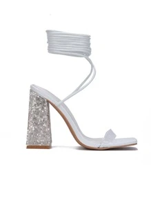 Women's  Strappy Rhinestone Crusted Block Heel - Single Square Toe Clear, Patent Strappy High Heel For Special Events - White - View 1