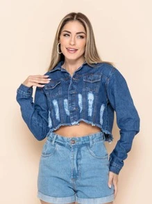 Women Denim Tops - 深色水洗藍 - 查看 3