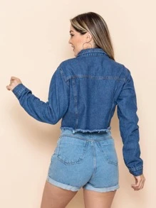 Women Denim Tops - 深色水洗藍 - 查看 4