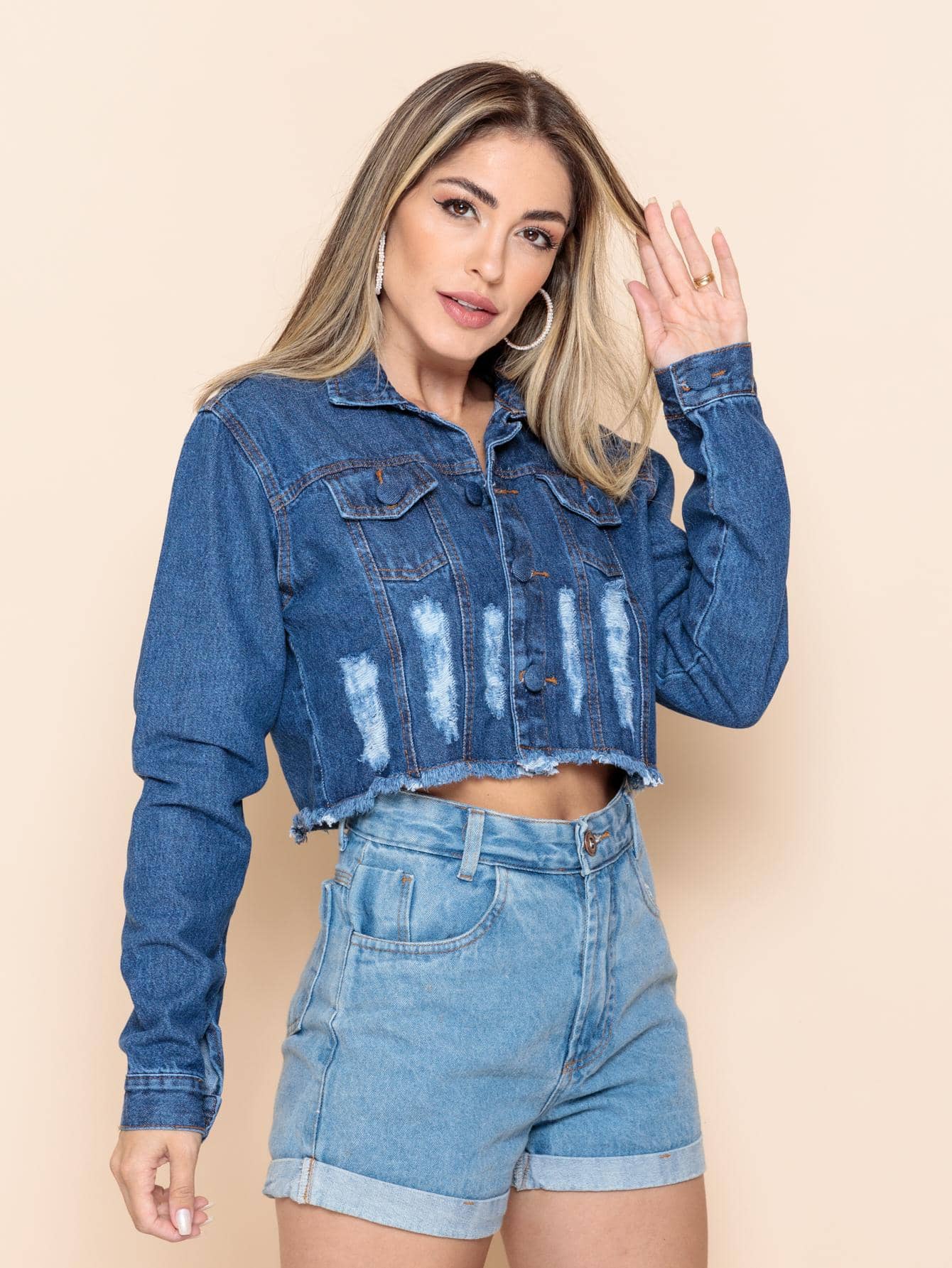 Women Denim Tops - 深色水洗藍 - 查看 1