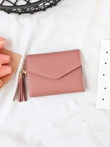 Short Tassel Decoration Simple Three Fold Wallet, Card Holder, Women's Coin Purse - Pink - View 6