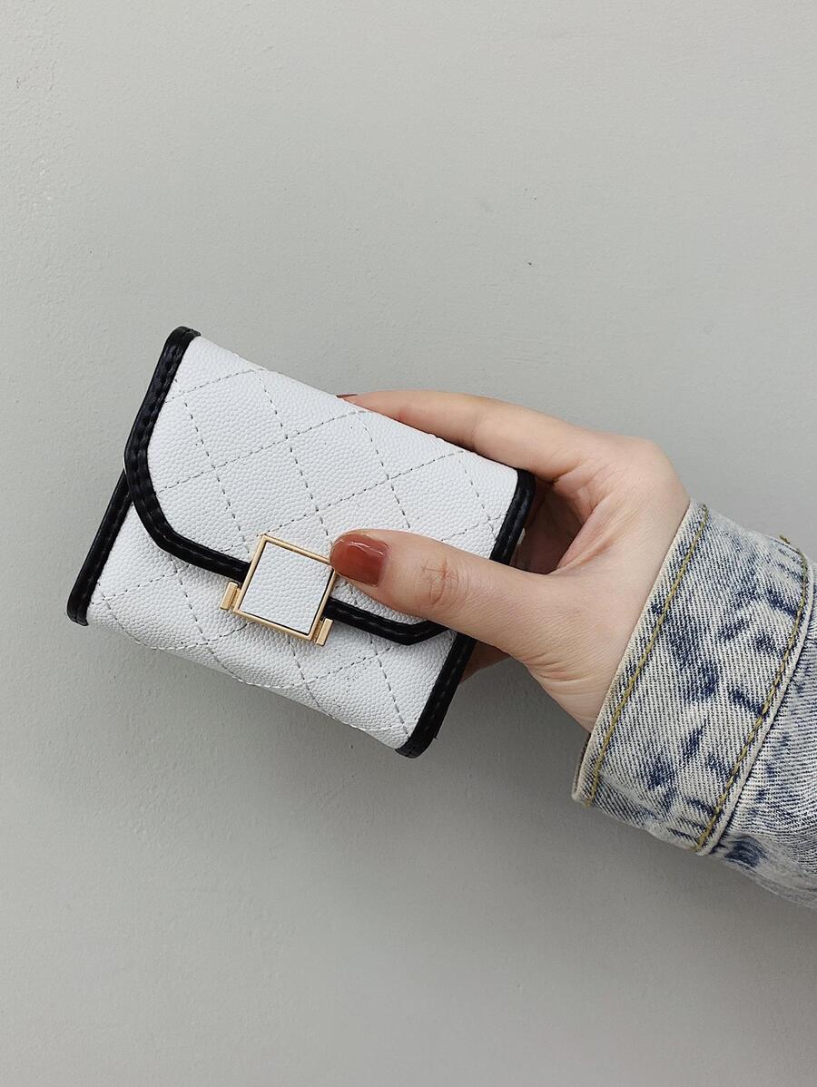 Checkered Short Women's Wallet, New Korean Style Simple Card Holder - White - View 1