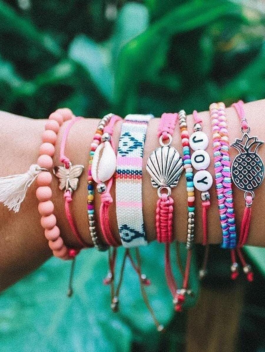 B1063 10入組波西米亞風格串珠編織手鍊，海貝螺及蝴蝶裝飾，夏季假期、旅遊、海灘派對女性必備 - 彩色 - 查看 1