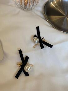 2pcs Pearl & Bow Decor Hair Claw Elegant Valentine's Day Valentines Hair Clips Claw Clips Hair Slide Hair Barrettes - Black - View 5