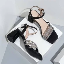 Woman's Square Toe Chunky Heeled Sandals Sparkly Three Diamond Straps Ankle Buckle Block High Heels Party Dress Shoes For Womens - màu đen - Xem 4