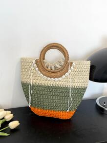 Borsa di paglia color block con coulisse vacanza stile - Cachi - Visualizzare 1