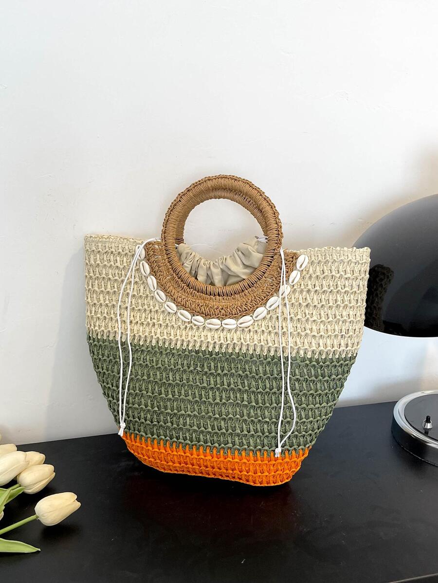 Borsa di paglia color block con coulisse vacanza stile - Cachi - Visualizzare 1