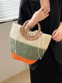 Borsa di paglia color block con coulisse vacanza stile - Cachi - Visualizzare 2