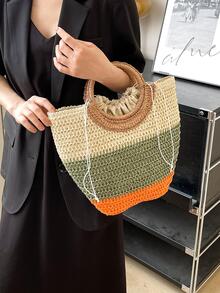 Borsa di paglia color block con coulisse vacanza stile - Cachi - Visualizzare 3