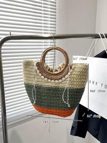 Borsa di paglia color block con coulisse vacanza stile - Cachi - Visualizzare 5