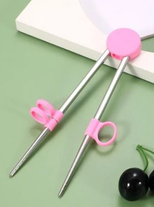 1pc Stainless Steel Training Chopstick School Supplies,Back To School - Pink - View 1