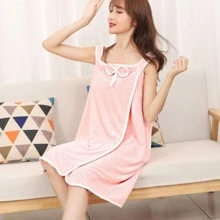 1pc Bow Decor Absorb Water Bathrobe - Pink - View 3