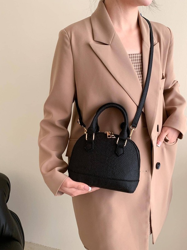 Mini Snakeskin Embossed Dome Bag Black Fashionable Double Handle