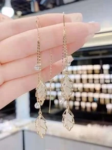 Rhinestone Decor Leaf Drop Earrings
