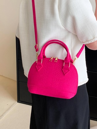 迷你蛇皮壓花貝殼包熱粉色時尚雙把手