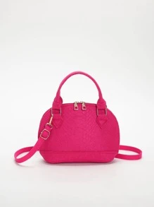 迷你蛇皮壓花貝殼包熱粉色時尚雙把手 - 玫紅色 - 查看 2